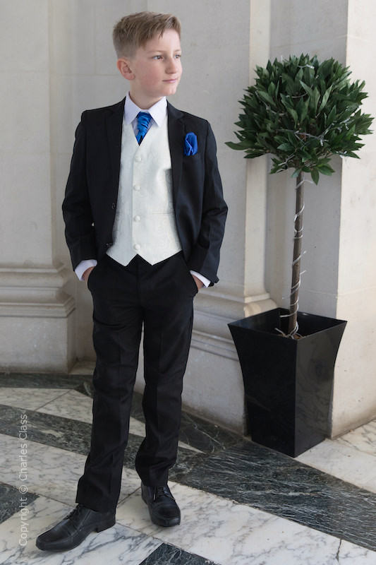 Boys Black & Ivory Suit with Royal Blue Cravat Set - Roland